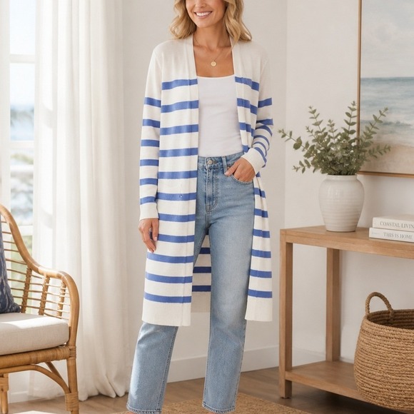 Unbranded Sweaters - Talbots Linen Blend Blue Stripe Long Cardigan Duster Lightweight Coastal M